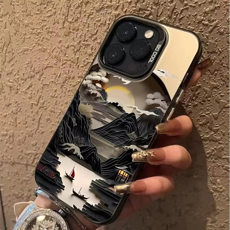Chinese Landscape Phone Case For iPhone 17 Air 16 e 15 14 13 12 11 Pro Max Plus SE Shockproof Cover Screen Protector Phone Case
