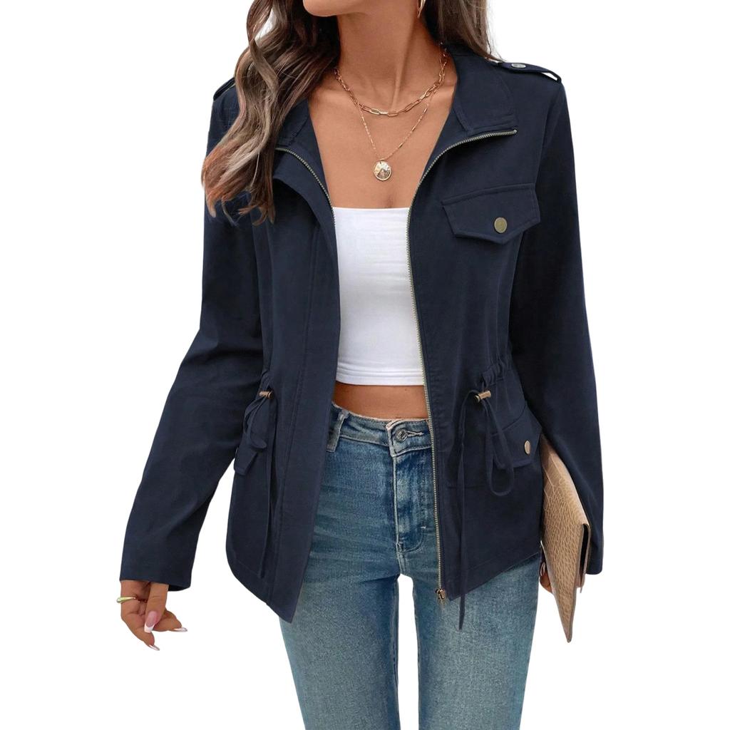 Women's Solid-Color Fashionable Casual Drawstring Waist Long-Sleeve Jacket For Fall/Winter