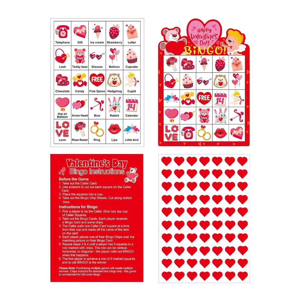 38Pcs Valentines Day Bingo Game Cards for 24 Players Festive Holiday Family Game Set Board Game Girls Wedding Party Decoration