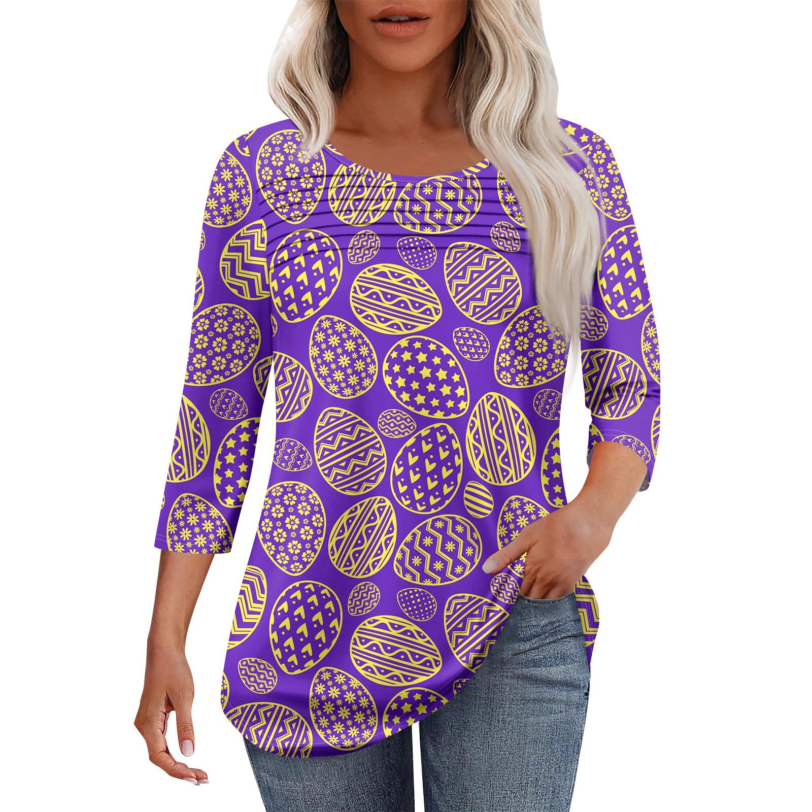 

Женская мода круглый вырез шея плиссированная передняя планка с принтом рукав 3/4 топ XXL фиолетовый