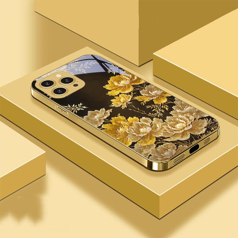 Golden Flowers And Phoenixes For IPhone 16 Pro Max 15 P Ro 14 M Ax 13 Plus 12 Mini 11 XS Max XR Golden Tempered Glass Phone Case