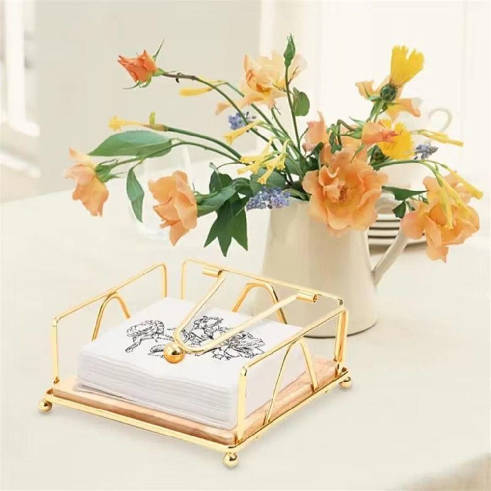 Wooden Base Flat Napkin Holder Metal Serviette Holder Reusable Tissue Organizer  Restaurant