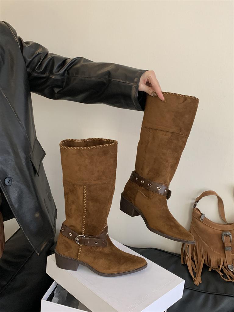 Coarse heel suede pointed boots women's 2025 autumn and winter new two-wear women's boots belt buckle sleeve western cowboy boots