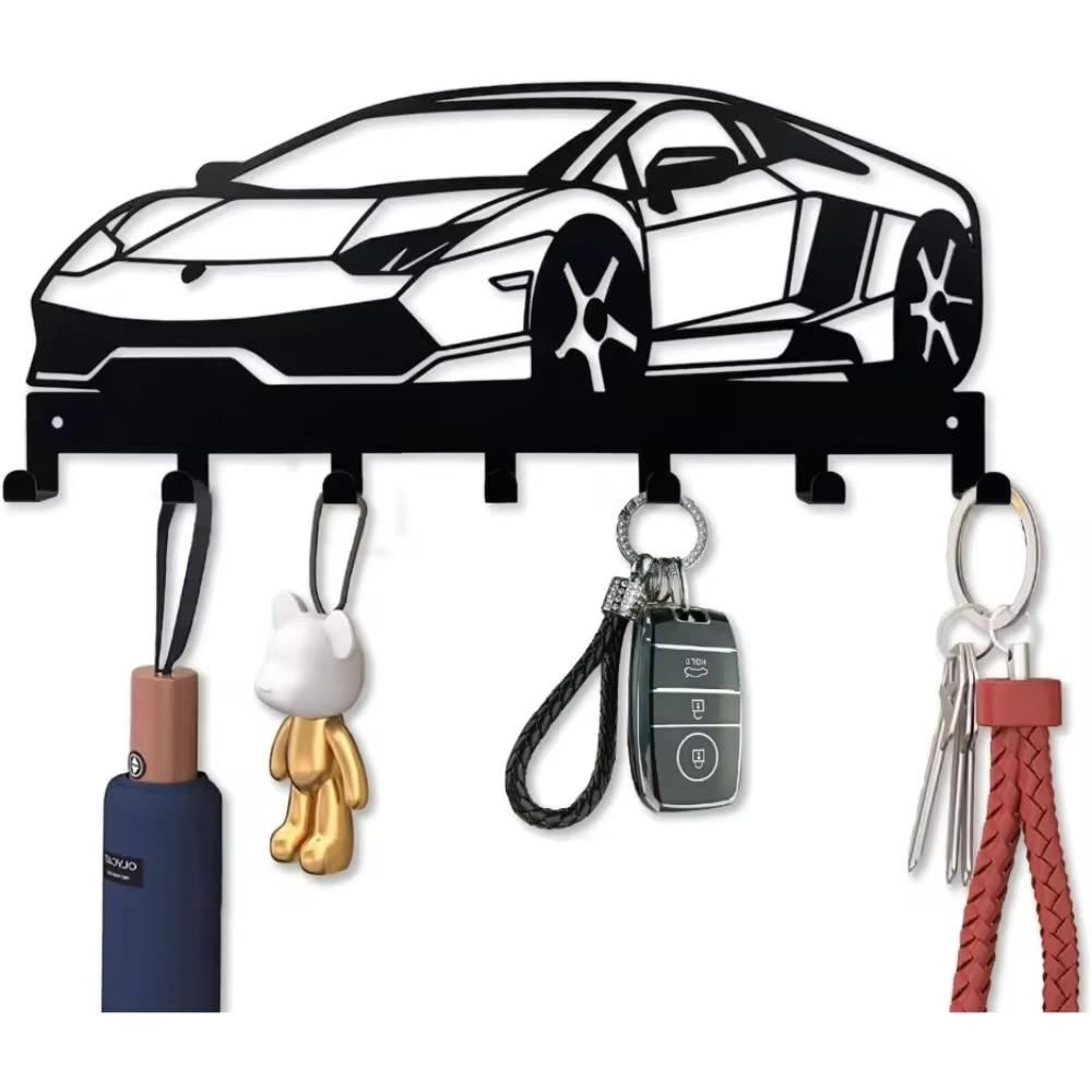 1pc Metal Wall Key Holder (7-Hook) - Black Decorative Organizer for Car Keys, Wall-Mounted for Front Entryway