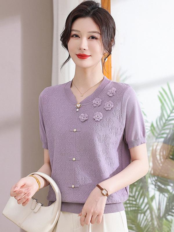 2026 Stylish Ice Silk Knit Short-Sleeve T-Shirt for Moms: Chinese Style Summer Top for Middle-Aged and Elderly Women
