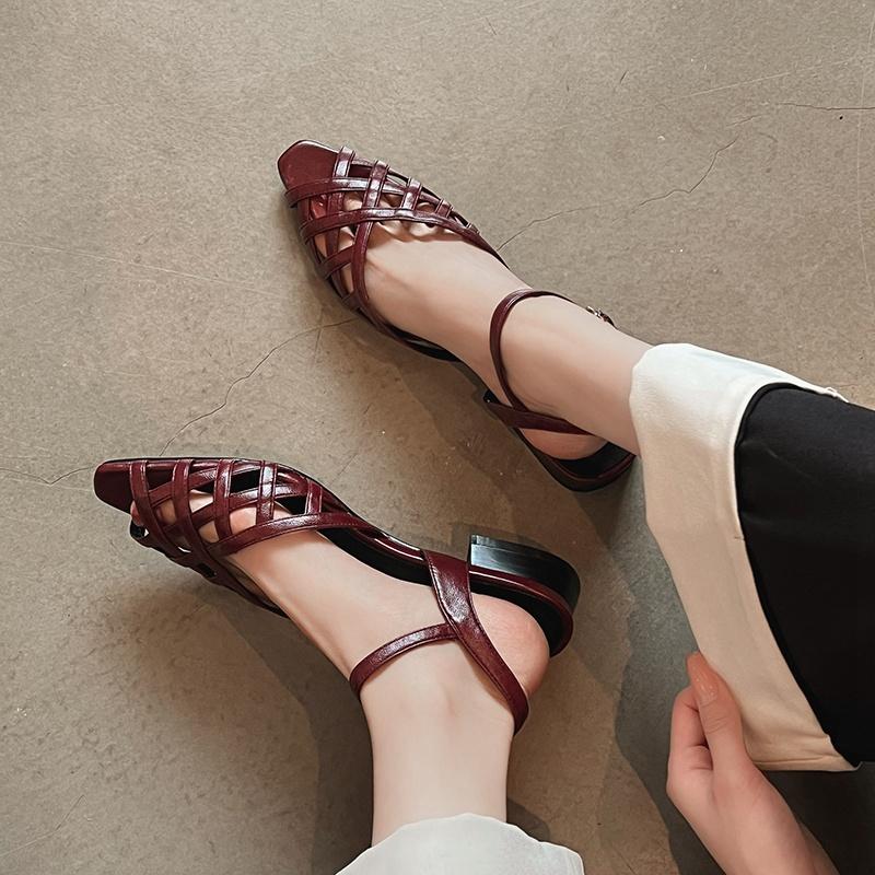 Fashion Women's new genuine leather cowhide fish mouth square head hollow weave elastic buckle strap retro low heel Roman sandals summer