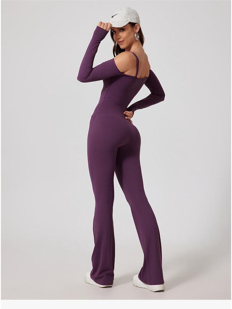 European & American Off-Shoulder Backless Jumpsuit with Double Shoulder Straps, Long Sleeves & Flared Pants