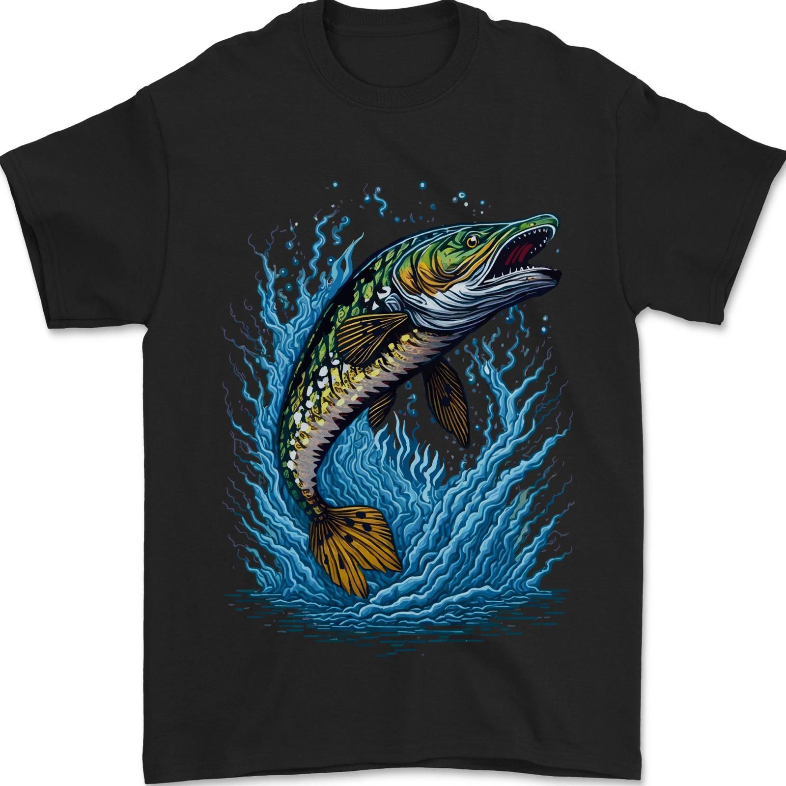 Jumping Pike Fish Fishing Fisherman Mens T-Shirt 100% Cotton 4XL