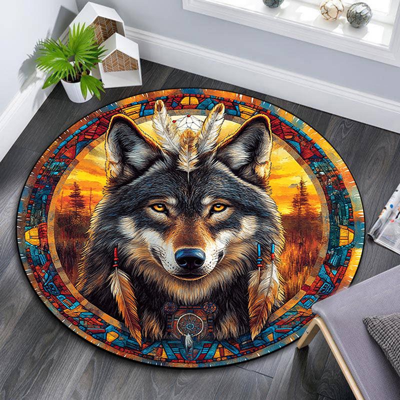 Wolfsgeist Runder Teppich, Teppich für Wohnzimmer Schlafzimmer Sofa Spielzimmer Dekor, Rutschfeste Bodenmatte