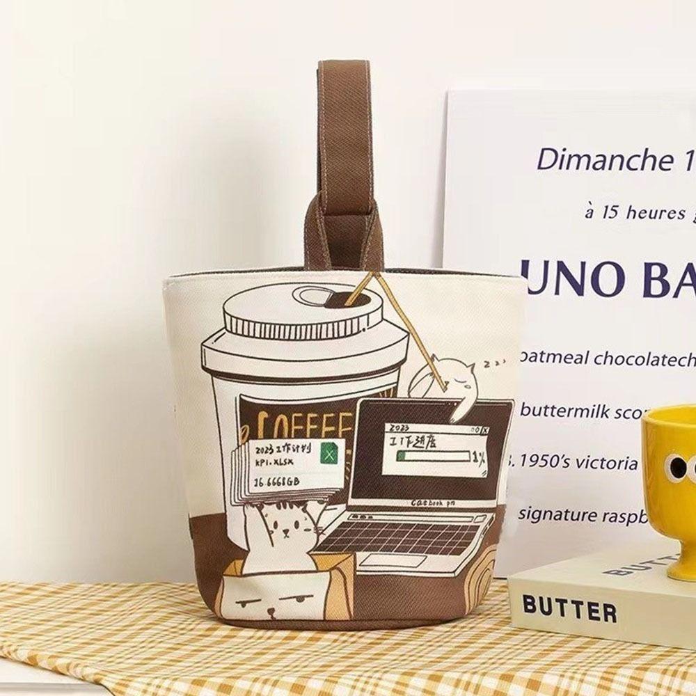 Large Capacity Cartoon Coffee Cat Bucket Bag Korean Style Lunch Bag Mummy Bag  Storage Bag