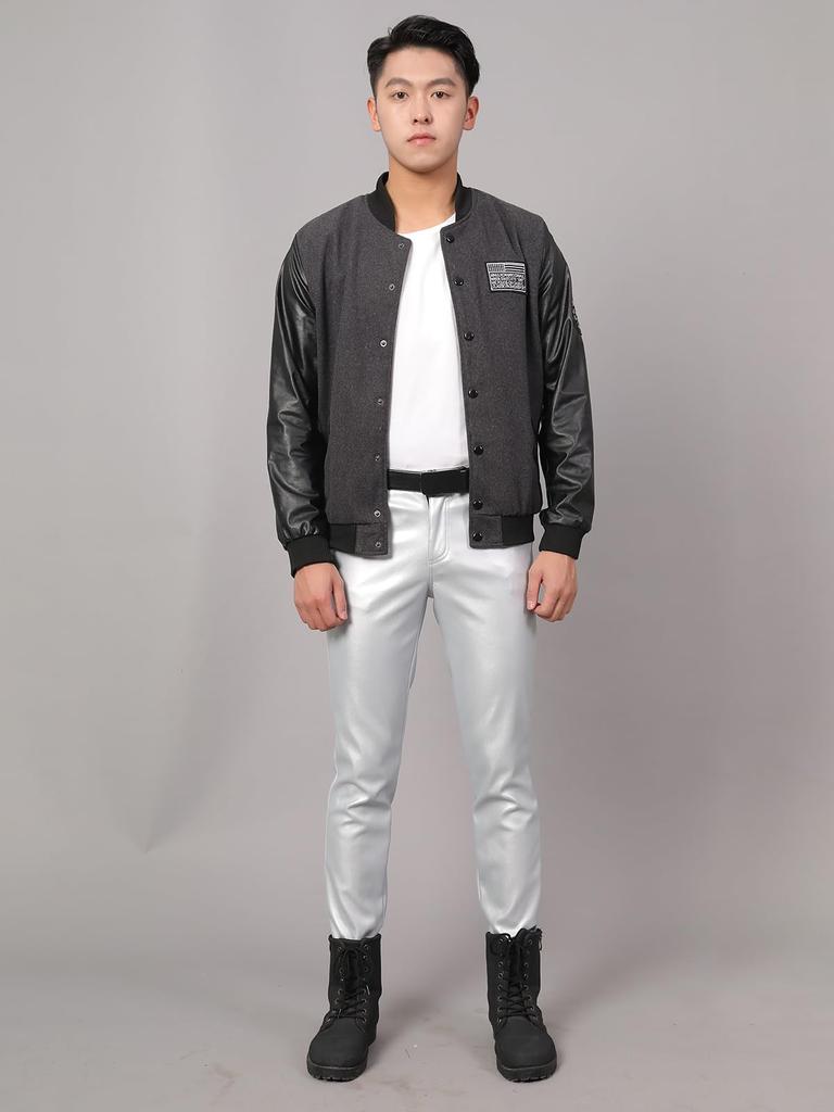 [East Rain] Silver Leather Pants, Pencil Trousers, PU Motorcycle Pants,