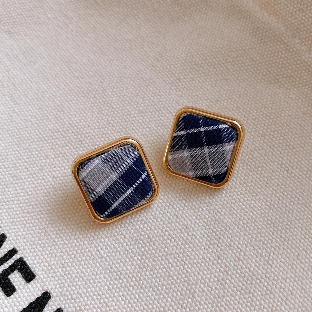 Silver Needle Retro Hong Kong Style Square Fabric Plaid Earrings Earrings Autumn and Winter Personality Earrings Women