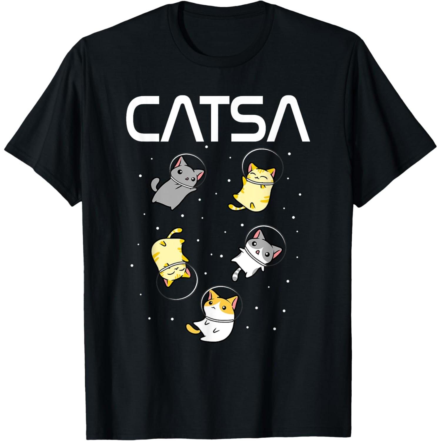 Catsa Astronaut Cats Graphic Tee Funny Space Lover Print Round Neck T-Shirt S