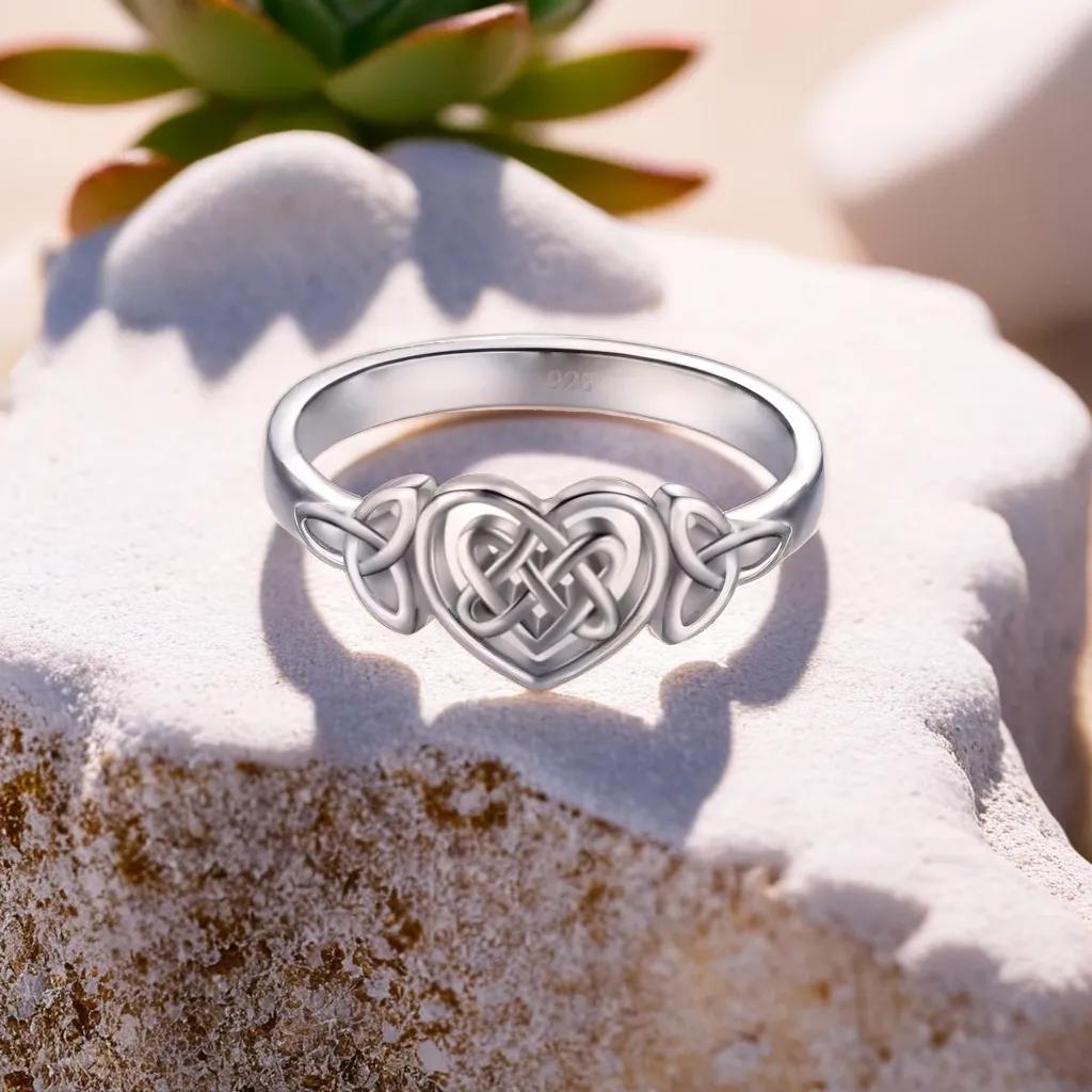 S925 Silver Love Heart Celtic Knot Ring for Women Hollow Out Geometric Ring Wedding Party Gifts Fine Jewelry