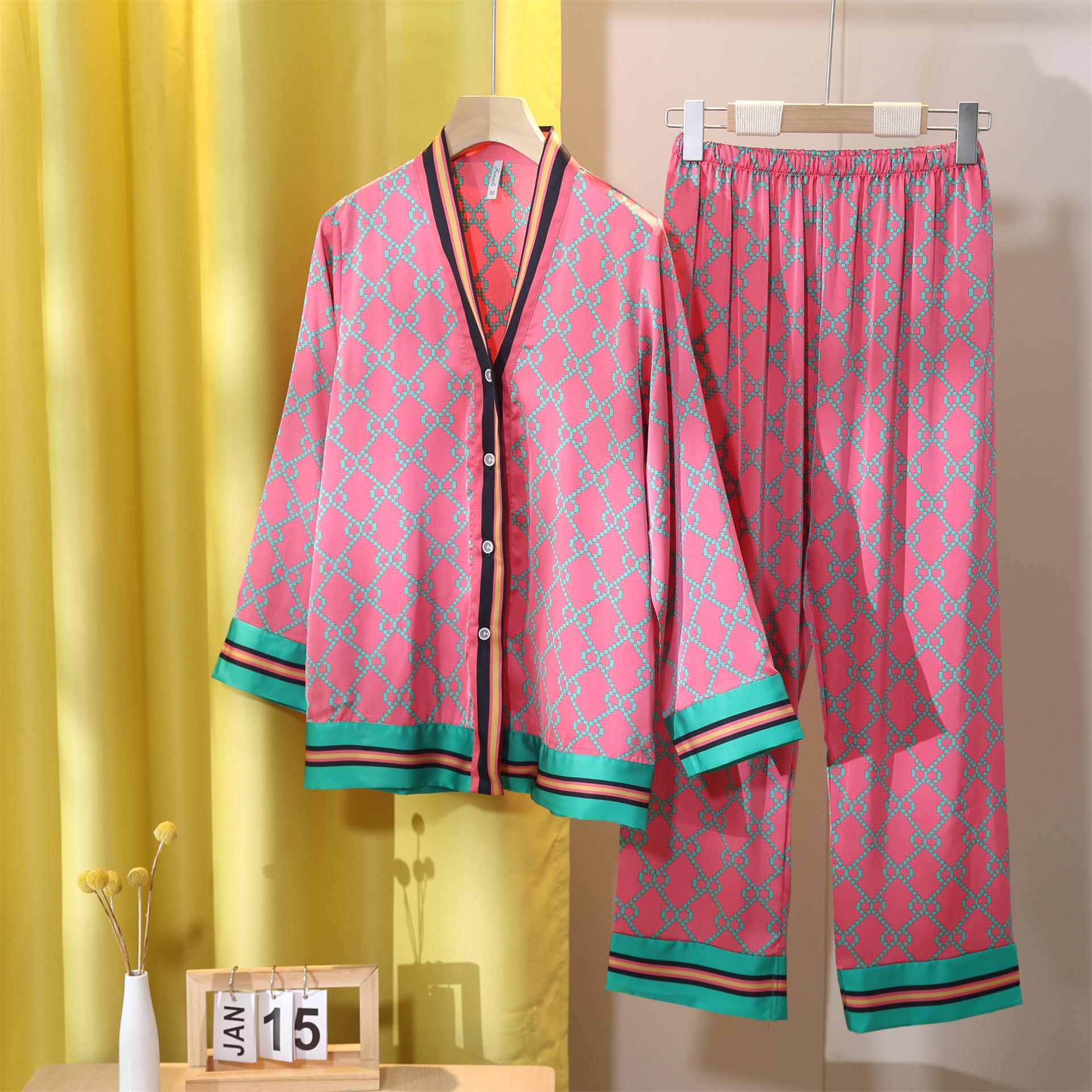 

Женский пижамный комплект Ice Silk с V-образным вырезом - стиль весна/осень XL, V-neck розы красного