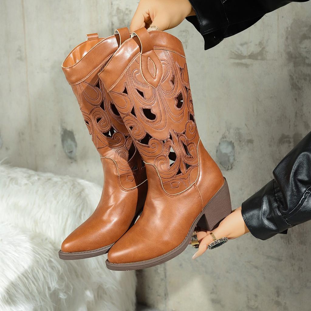 Fashion Women's Fashionable Breathable Hollow Embroidered Vintage Western Boots Chunky Heels Knee High Cowboy Boots Woman Knight Booties