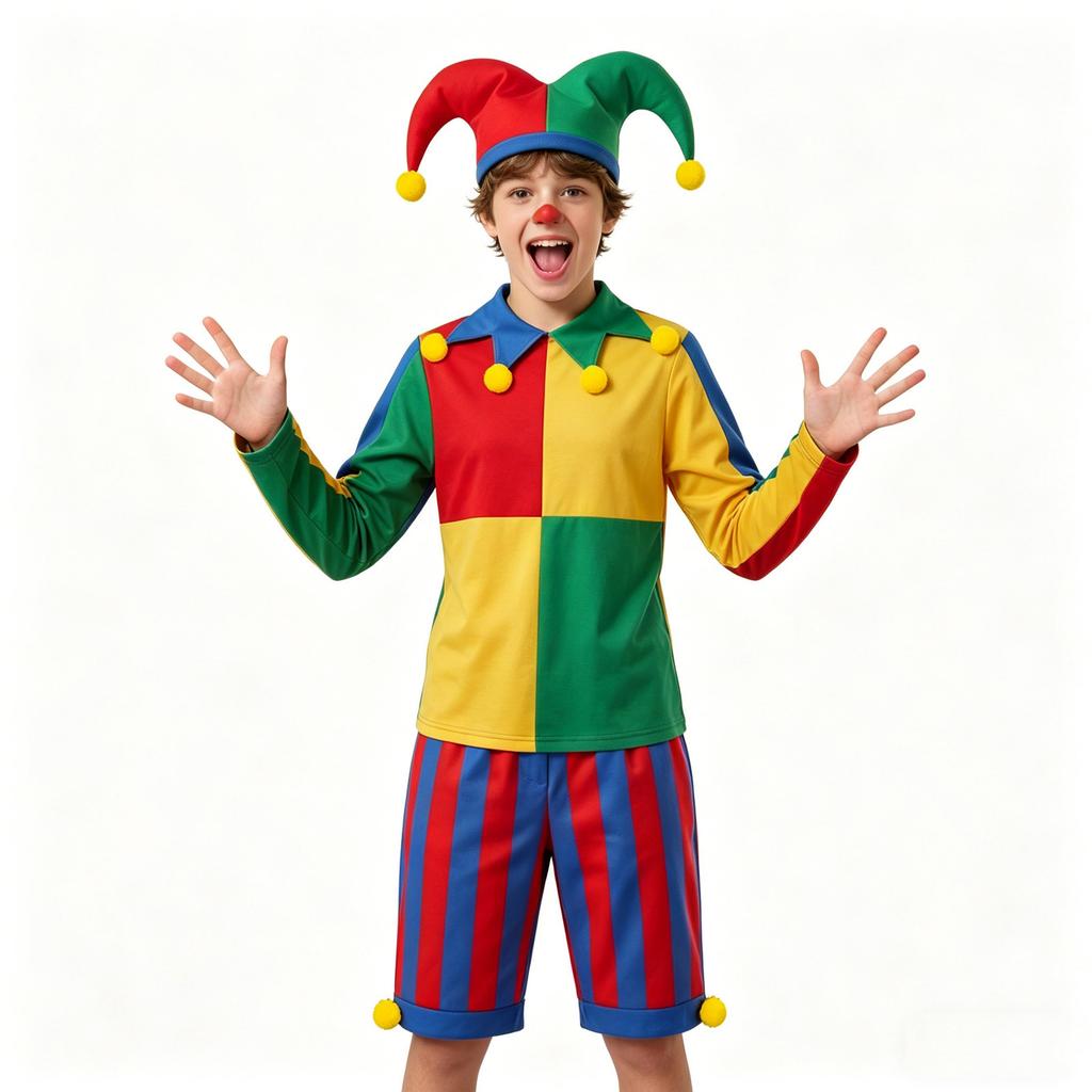Set Costume da Giullare Top a Maniche Lunghe e Pantaloncini a Righe con Cappello a Punta e Dettagli Pompon Costume per Performance Teatrale di Halloween