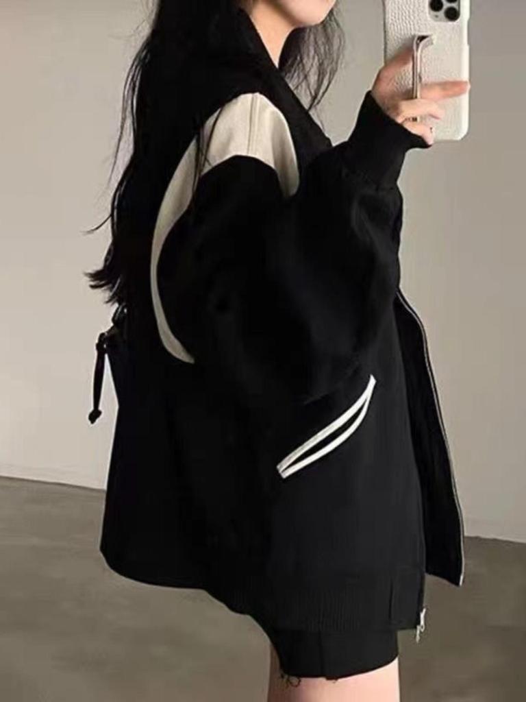 Women's Colorblock Baseball Cardigan: Retro Loose Sweatshirt Jacket, Fleece-Lined for Early Spring/Autumn, 2025 Collection