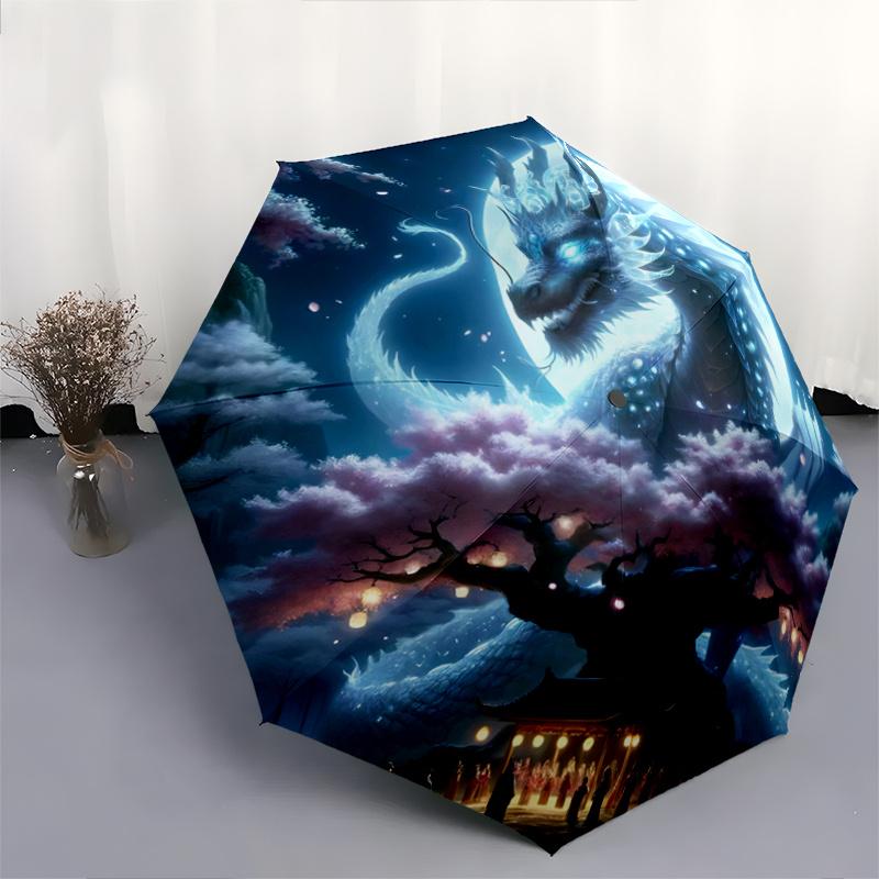 1pc Dragons Cherry Blossoms and Moonlit Festivities Automatic Opening/Closing Umbrella with Portable Tri-Fold Design, 8-Bone Iron Frame - Outdoor