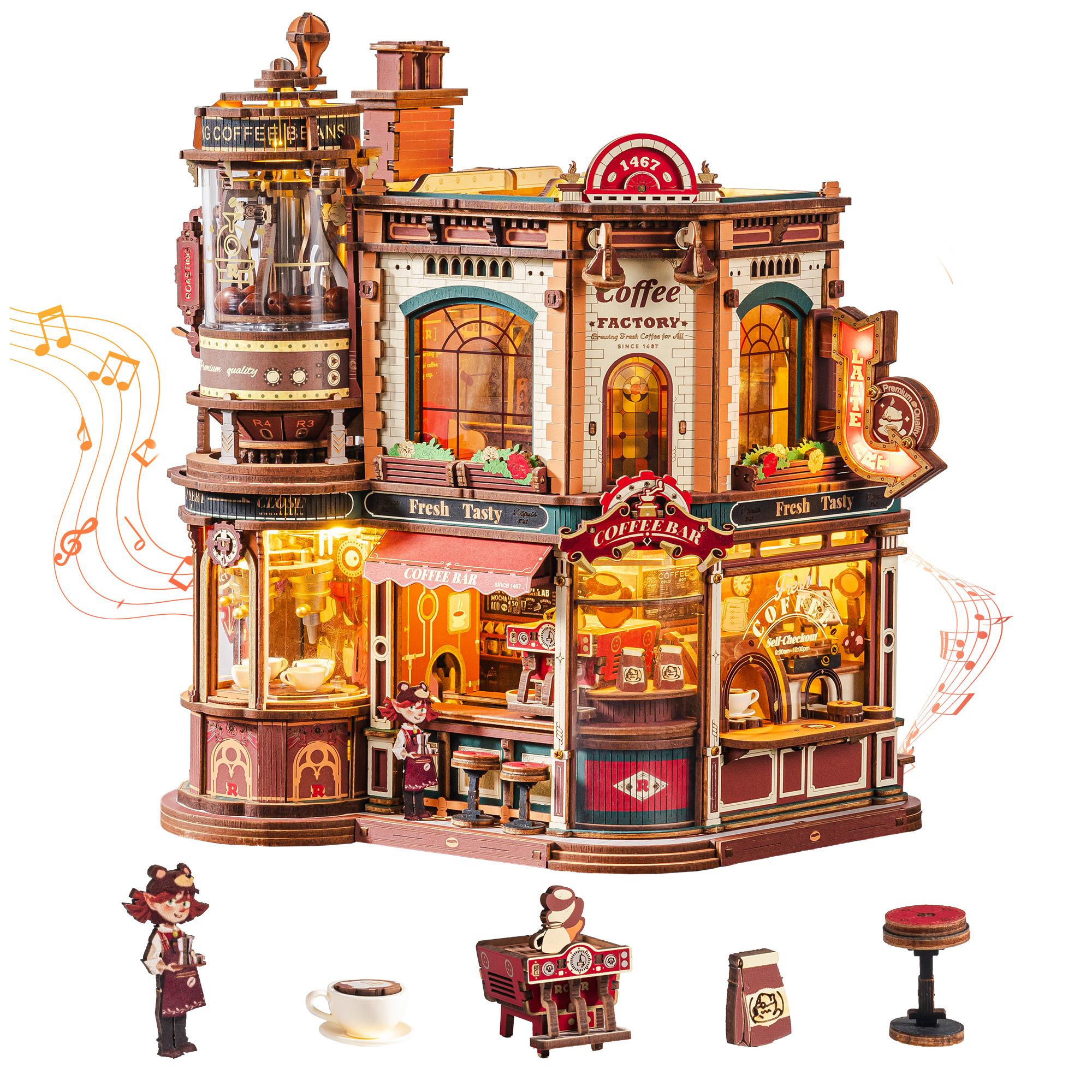 ROKR Wooden 3D Puzzle Dream Coffee Factory Music Box Model Building Kit 593-piece DIY Miniature House Kit with LED Light Unique Home Decor Gift for разноцветный