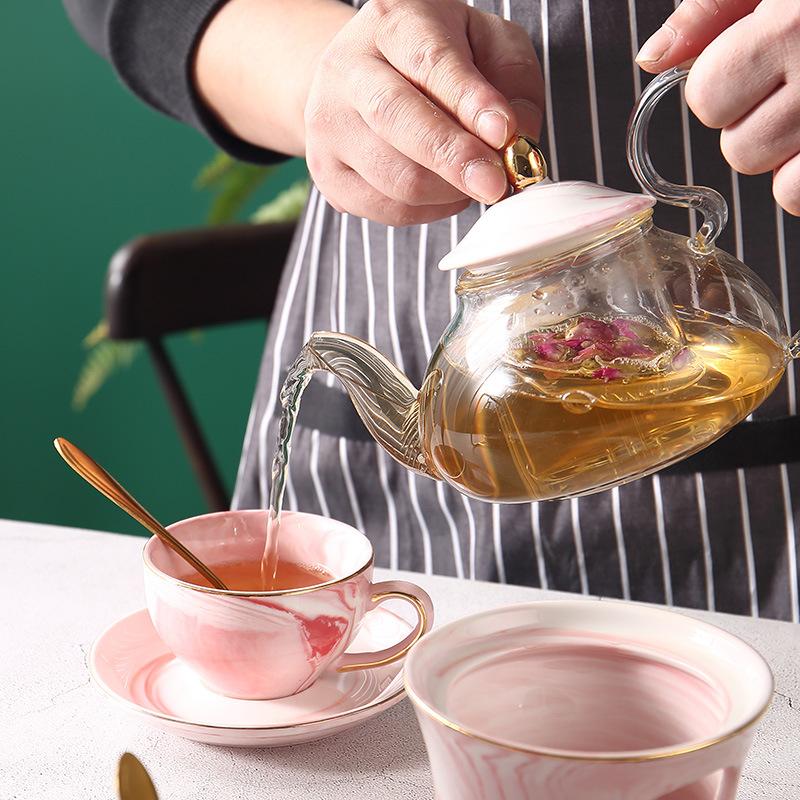 Ceramic Stone Flower Teapot Set Glass Candle Heating Fruit Tea Pot
