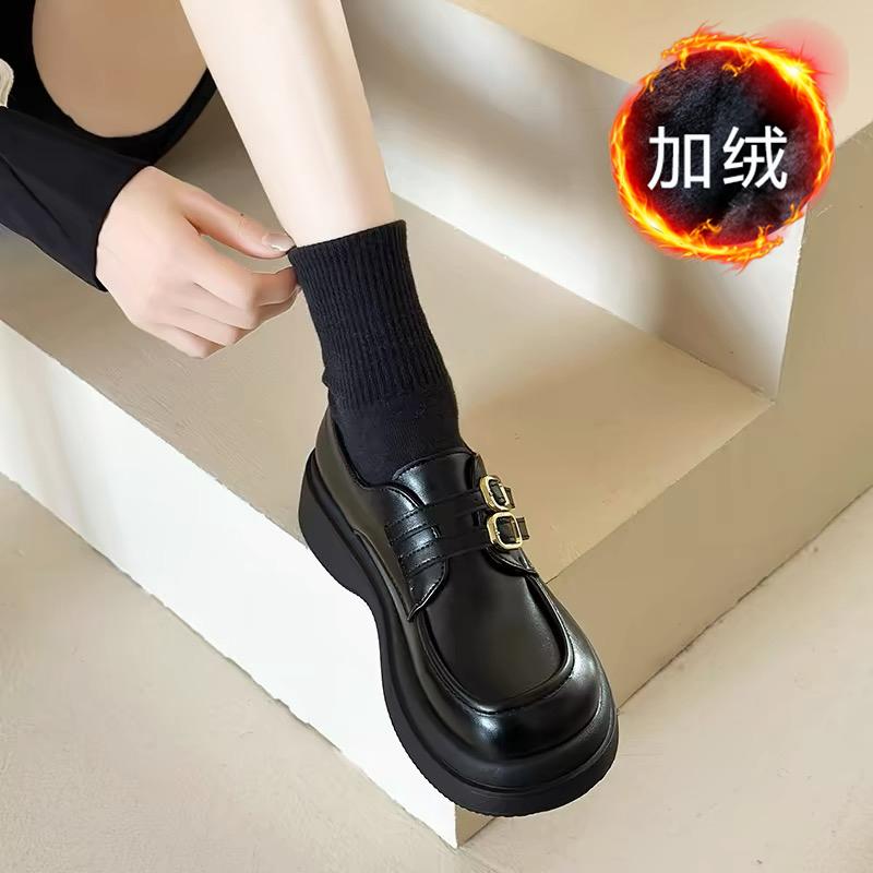Platform British Style Black Small Leather Shoes New Autumn and Winter Mary Jane Velvet