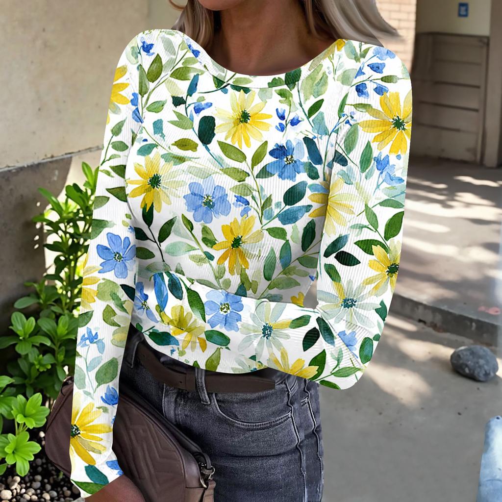 Women's Casual Ribbed Long Sleeve Top Floral Print Crew Neck Stretchy Slim Fit Lightweight Shirt for Everyday Wear
