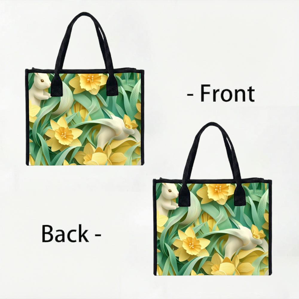  Spring Rabbit Floral Canvas Tote Bag Casual Large Capacity Shoulder Handbag for Daily Use