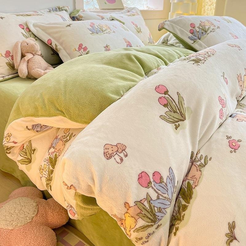 Winter Thickened Milk Velvet Four-piece Set Plus Velvet Warm Coral Velvet Quilt Cover Flannel Sheet Quilt Cover Bedding