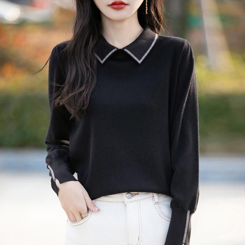 

Женская рубашка из французского трикотажа с рукавами-фонариками и лацканом со стразами, 2025 Medium чёрный