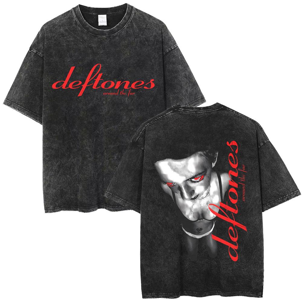 Washed Vintage Rock Band Deftones Cat Graphic Tshirts Men Alternative Heavy Metal Short Sleeve T Shirts Male Retro Streetwear