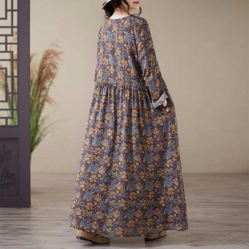 Printed Round Neck Loose Plus Size Long Sleeve Plus Cover Up Dresses