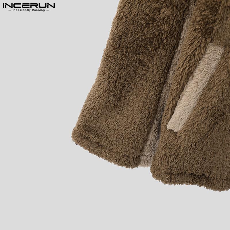 INCERUN Men Long Sleeve Furry Zipper Hoodies Patchwork Casual High Neck Sweatshirts