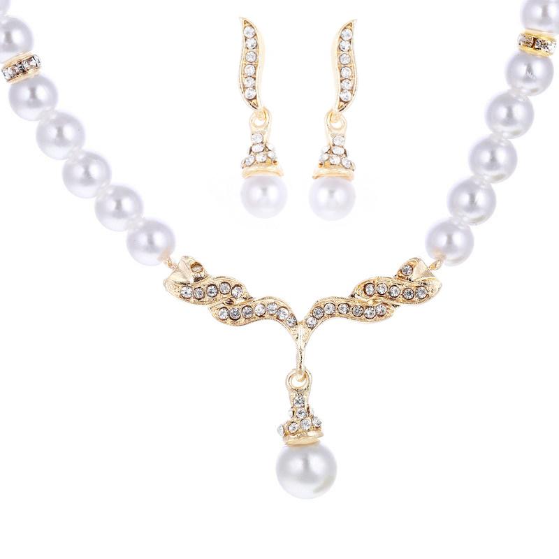 Elegantes Halsketten-Ohrring-Set für Damen Modeschmuck Set Perlmutt Imitation Braut Hochzeit Legierung Party Stecker Halsketten-Ohrring-Set