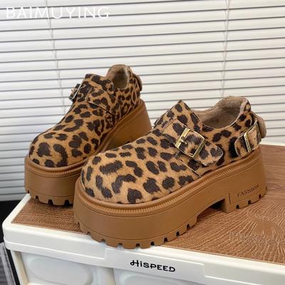 Leopard Platform Women Snow Boots Suede Designer High Heels Shoes 2025 Trend Short Plush Warm Buckle Winter New Botas De Mujer