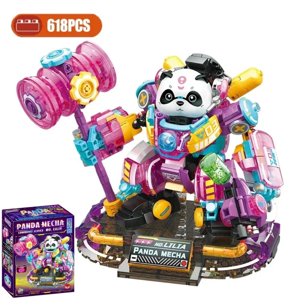 

Mini Panda Mecha Building Blocks Pink Green Luminous Assembly Models Toys Desktop Decoration Collectible Children Holiday Gifts No Box