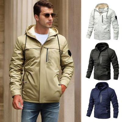 Jaqueta corta-vento com capuz masculina de outono com bolsos com zíper, forro espesso, cor sólida, moletom casual com capuz para atividades ao ar livre no inverno