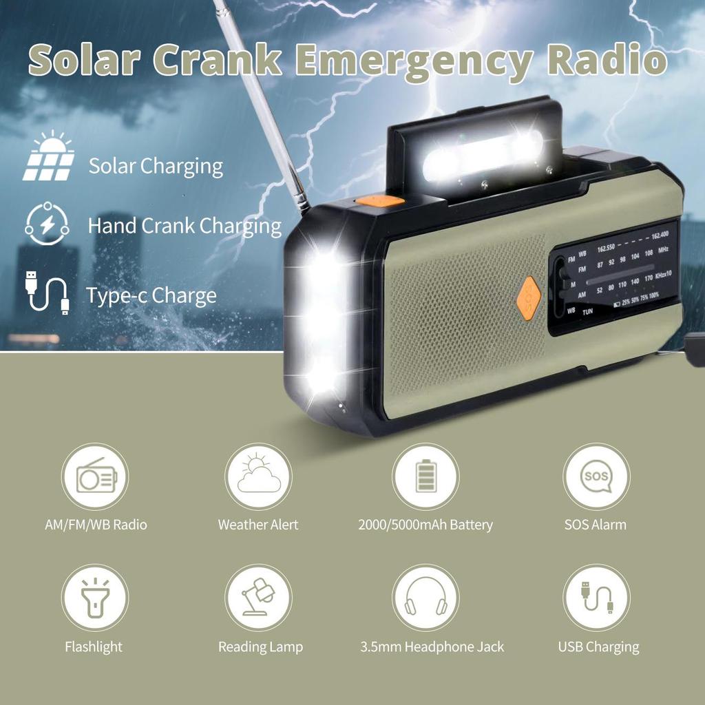 Solar-Powered Hand-Crank Multifunction Emergency Radio with Flashlight