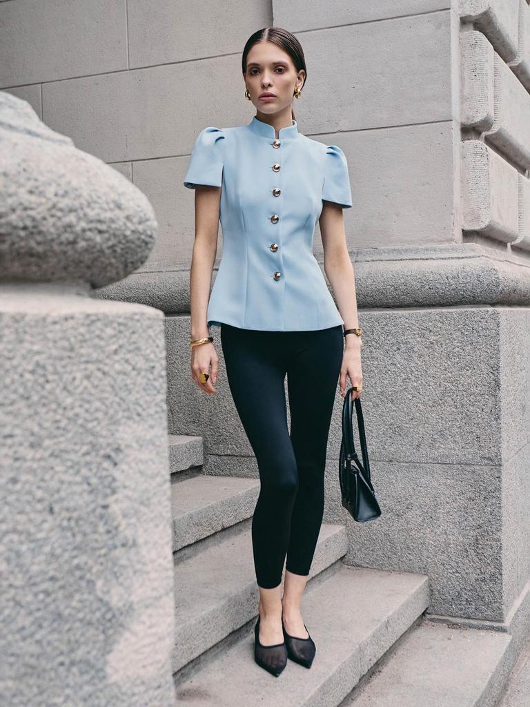 Spring/Summer 2026: Elegant Women's 3D Design Top with Lantern Sleeves & Metal Buckle