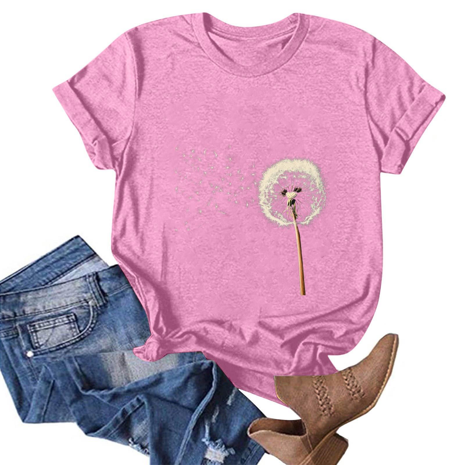 

Женская модная повседневная футболка с круглым вырезом и принтом, пуловер с короткими рукавами, топ M розовый