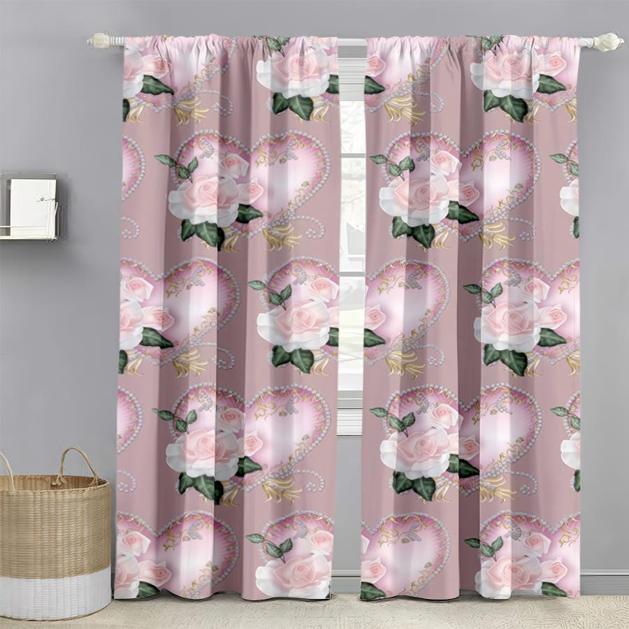 2PCS pink rose heart-shaped curtains, elegant and sweet style, bedroom and living room, decorative curtains with drawbar pockets
