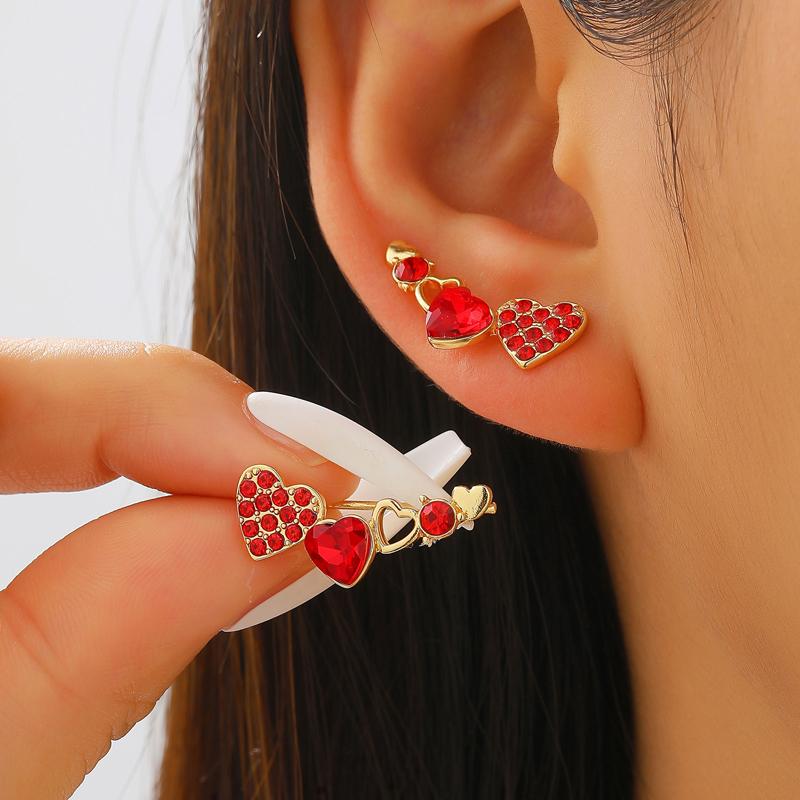 Luxury Heart-Shaped Set Zircon Stud Earrings for Women Exquisite Peach Heart Hollow Geometric Earrings Fashion Charms Zircon красный