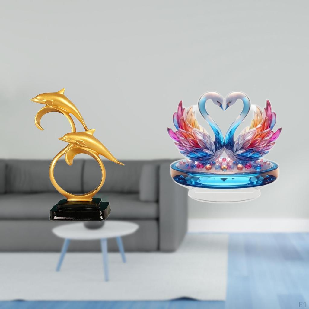Modern Lifelike Dolphin And Swan Figurine Acrylic Sculpture Collectible Tabletop Centerpiece for