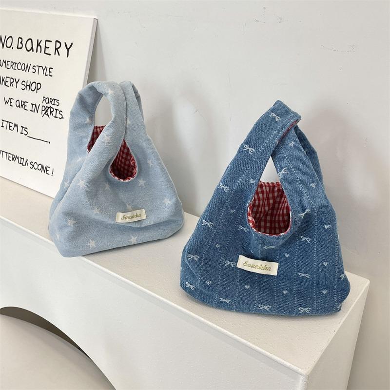 Cute New Denim Hand Bag Portable Storage Go Out Wrist Bag Contrasting Color Red Grid Portable Small Bag