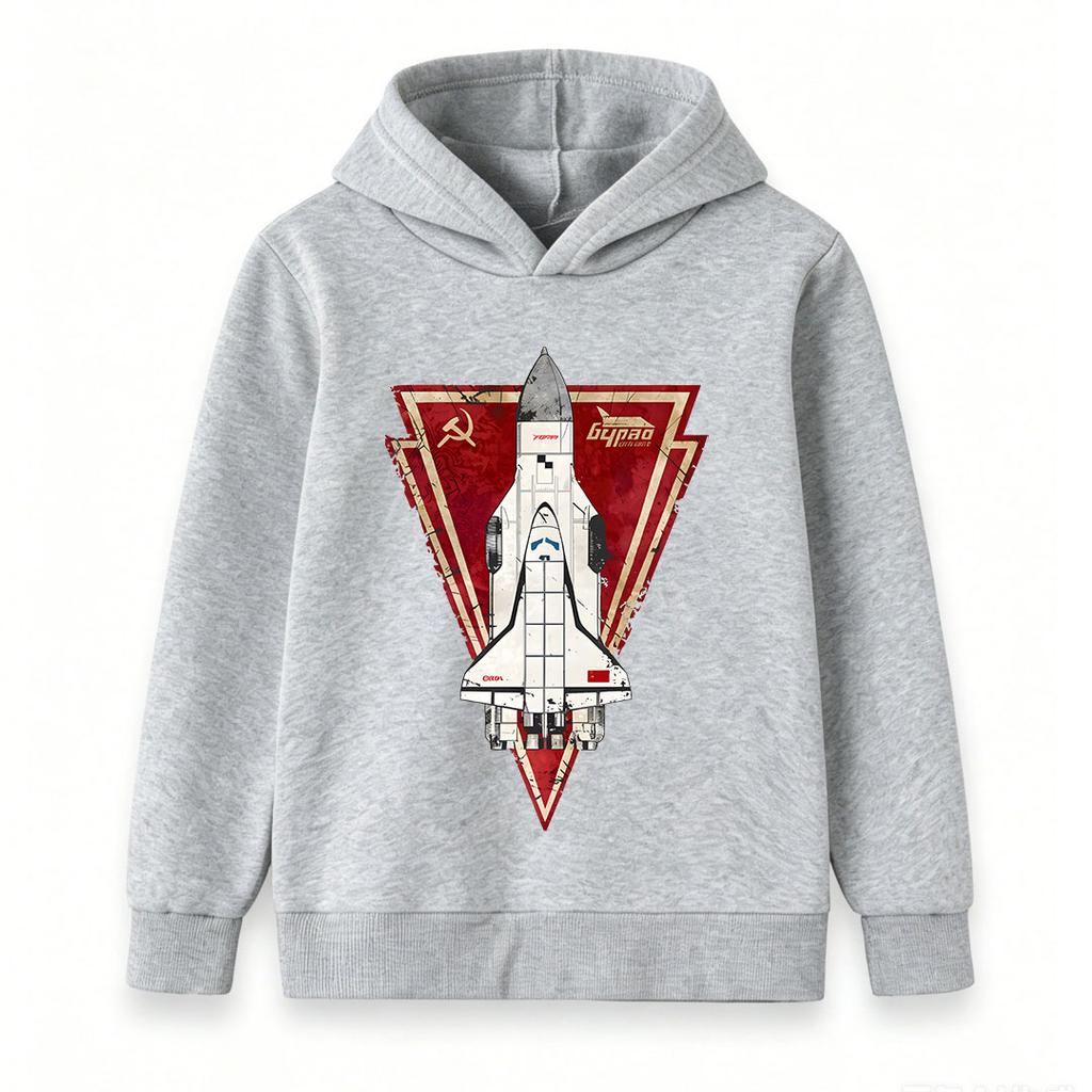 Kids Boys Girls Pullover Hoodie, Vintage Soviet Buran Space Shuttle Print Casual Hooded Sweatshirt for Space Fans, Comfortable Long Sleeve Tops for Da