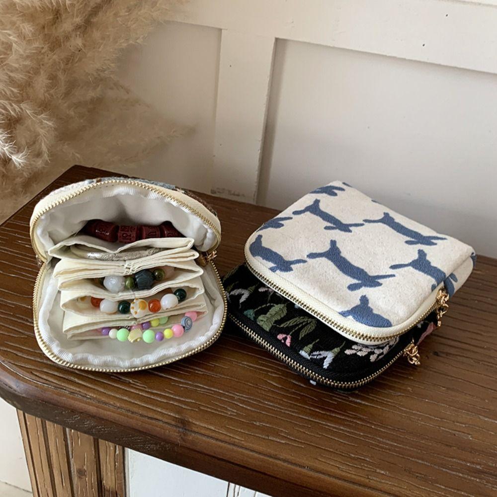Multi-Layered Embroidered Jewelry Storage Bag Cotton Linen Women's Wallet Ring Pendant