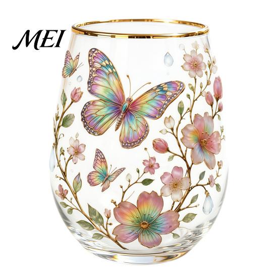 Traumhaftes Mädchen Stil Becher Handbemalter Glasbecher, Eiförmige Tasse mit Goldrand, Klarer Bleifreier Kerzenlicht Dinner Weinbecher für Tee Kaffee