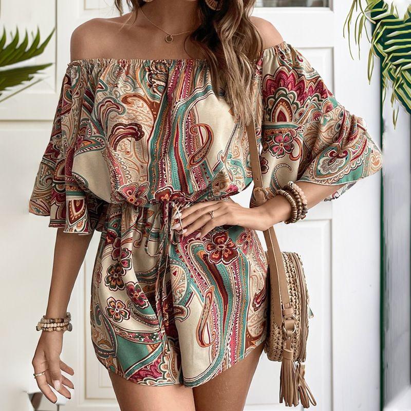 

Ethnic Print Shorts 2024 Summer New Arrival Fashion off-Shoulder Jumpsuit Apricot yellow S