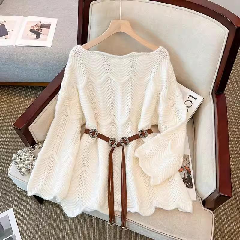 Spring and Autumn Mid To Long Loose Sweater Gentle Wind Lace One Shoulder Knitted Sweater for Women