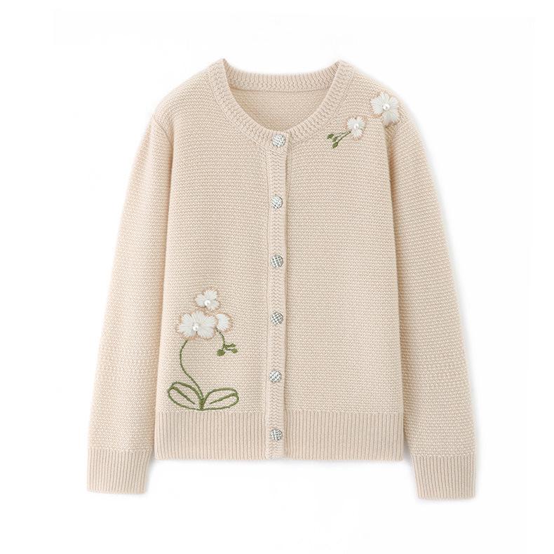 Women's Round Neck Wool Knit Cardigan - Autumn/Winter Handmade Embroidered Cashmere Coat, Thickened Long Sleeve Waffle Design